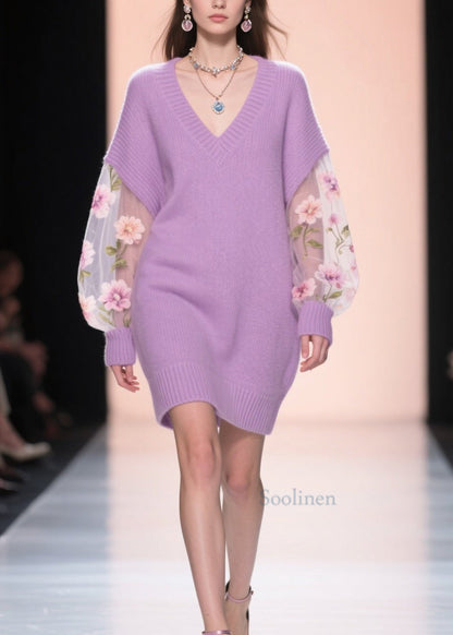 Loose Purple V Neck Tulle Floral Patchwork Knit Mid Dress Fall