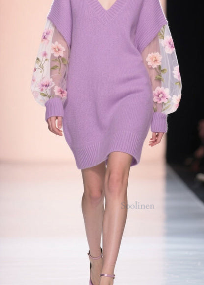 Loose Purple V Neck Tulle Floral Patchwork Knit Mid Dress Fall