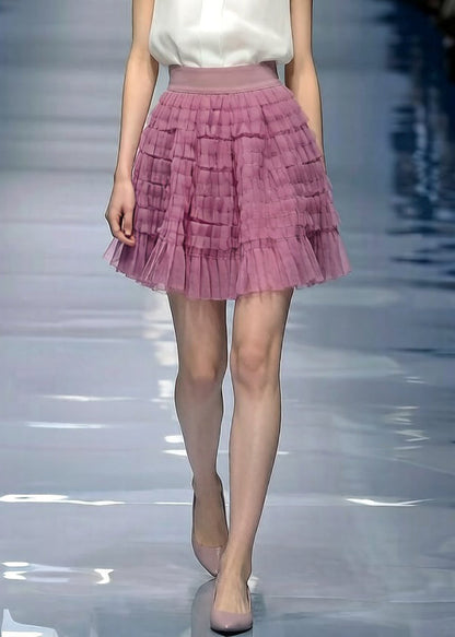 Loose Purple Wrinkled Elastic Waist Tulle Skirt Summer