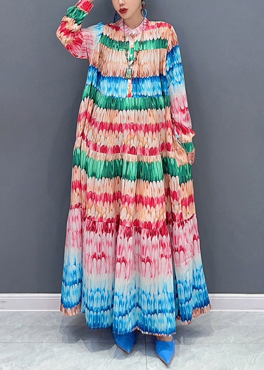 Loose Rainbow Print Button Cotton Maxi Dresses Fall