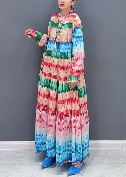 Loose Rainbow Print Button Cotton Maxi Dresses Fall