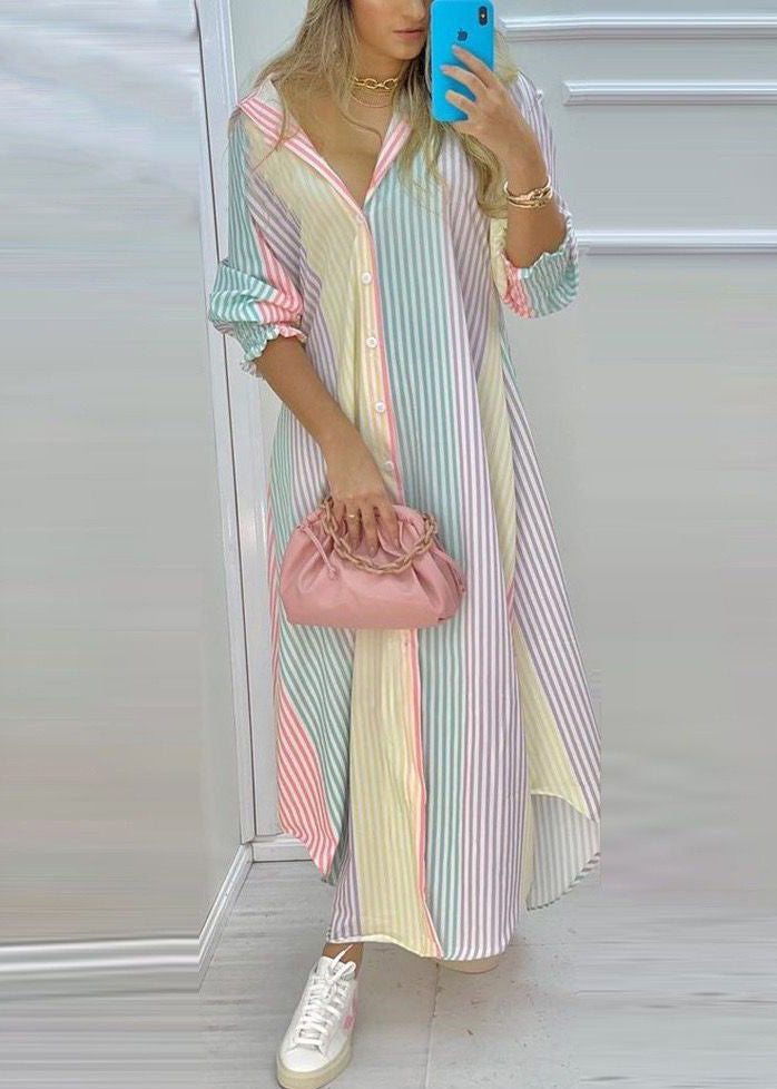 Loose Rainbow Striped Button Cotton Shirts Dress Spring