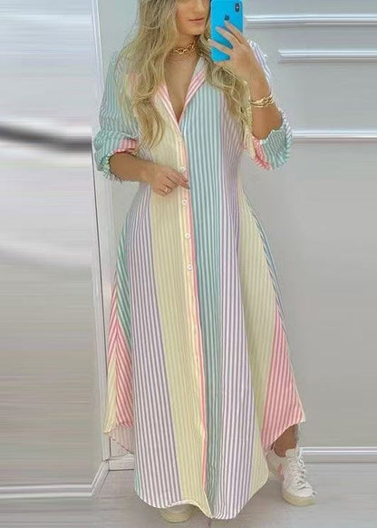 Loose Rainbow Striped Button Cotton Shirts Dress Spring