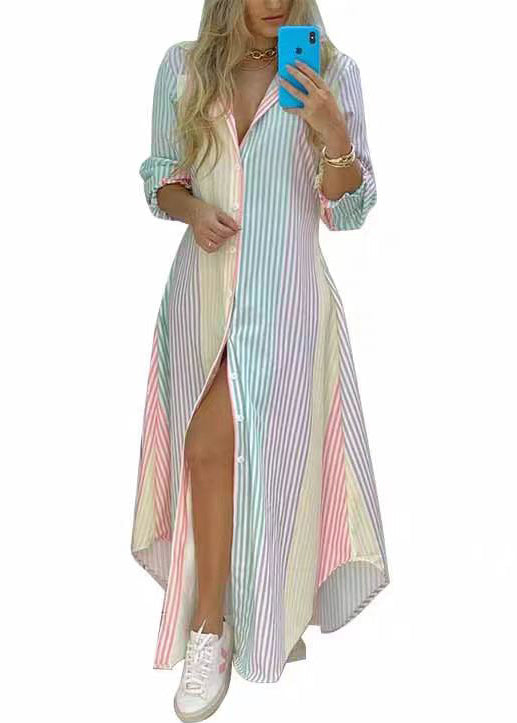 Loose Rainbow Striped Button Cotton Shirts Dress Spring