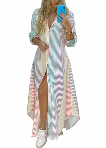 Loose Rainbow Striped Button Cotton Shirts Dress Spring