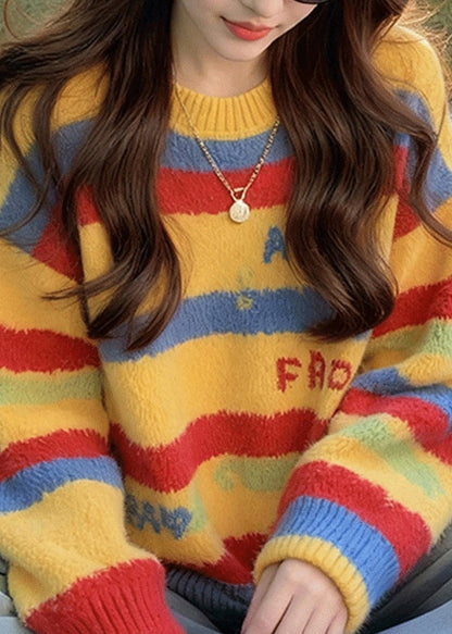Loose Rainbow Striped Thick Cotton Knit Sweater Spring