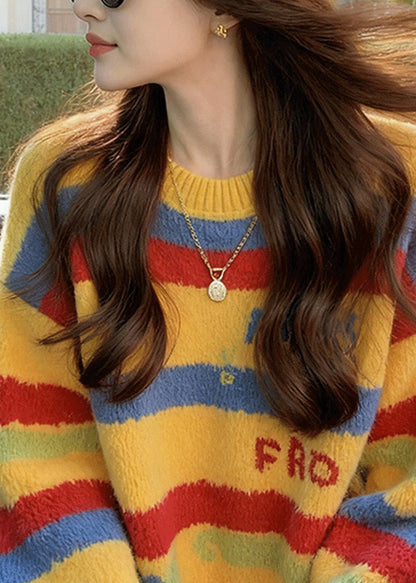 Loose Rainbow Striped Thick Cotton Knit Sweater Spring