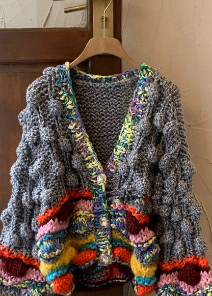 Loose Rainbow V Neck Patchwork Cotton Knit Cardigans Fall
