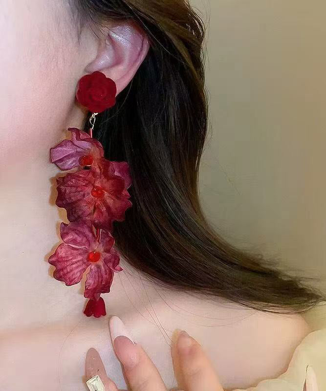 Loose Red Alloy Rose Tassel Drop Earrings