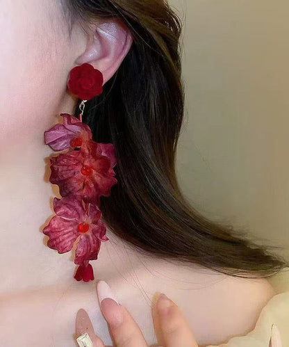 Loose Red Alloy Rose Tassel Drop Earrings