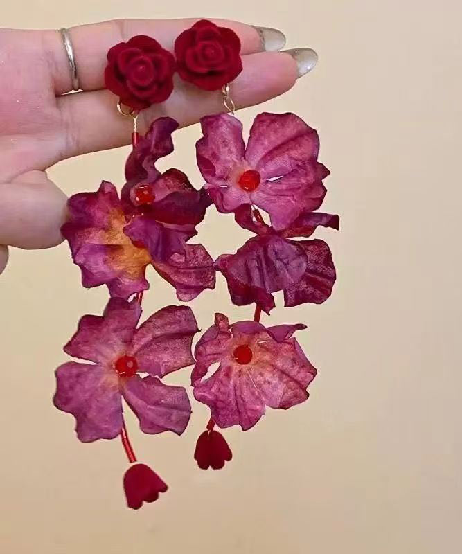 Loose Red Alloy Rose Tassel Drop Earrings