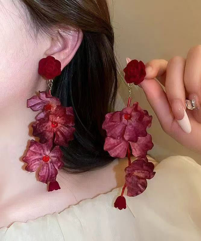 Loose Red Alloy Rose Tassel Drop Earrings