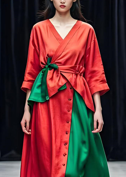 Loose Red Asymmetrical Wrinkled Patchwork Cotton Dresses Summer