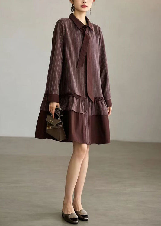 Loose Red Brown Striped Turn-Down Collar Patchwork Dresses Fall