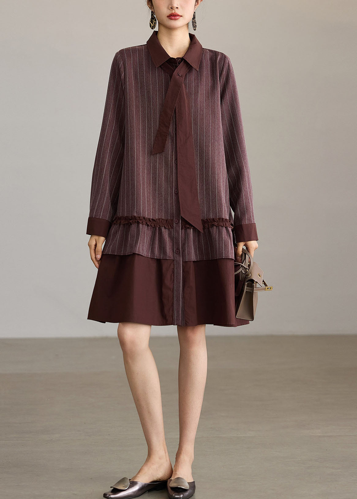 Loose Red Brown Striped Turn-Down Collar Patchwork Dresses Fall