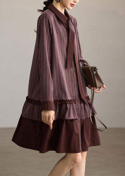 Loose Red Brown Striped Turn-Down Collar Patchwork Dresses Fall