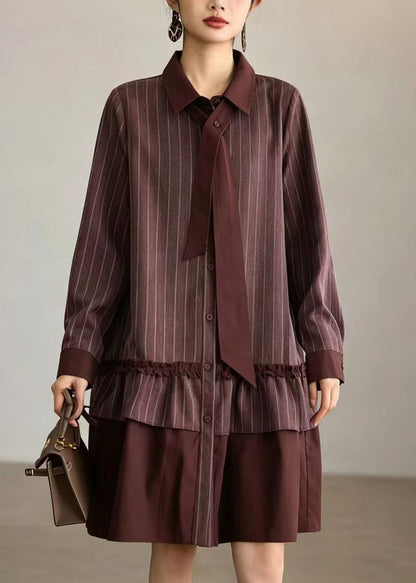 Loose Red Brown Striped Turn-Down Collar Patchwork Dresses Fall
