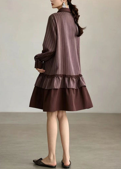 Loose Red Brown Striped Turn-Down Collar Patchwork Dresses Fall