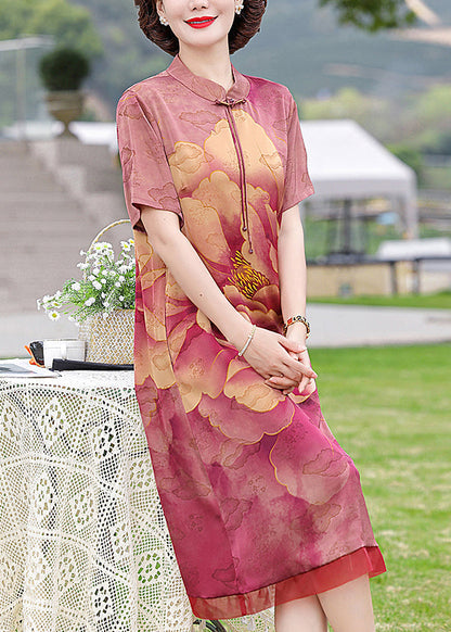 Loose Red Button Print Patchwork Silk Dress Summer