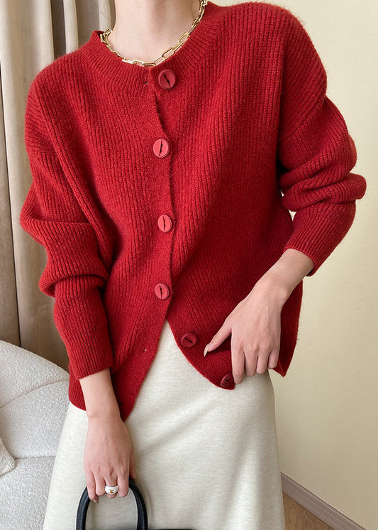 Loose Red Button Solid Knit Coats Fall