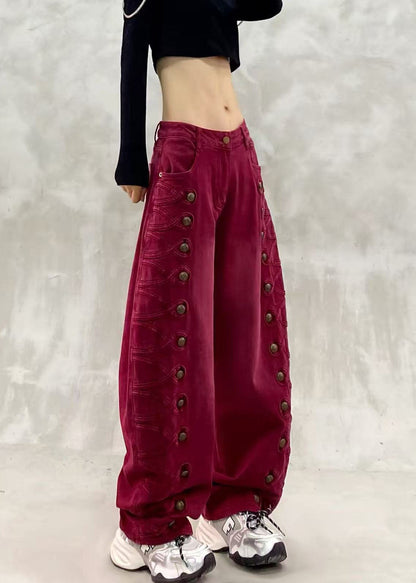Loose Red High Waist Side Row Buttons Draping Denim Curved Blade Pants Fall