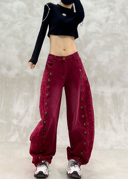 Loose Red High Waist Side Row Buttons Draping Denim Curved Blade Pants Fall