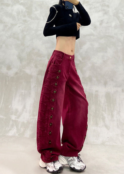 Loose Red High Waist Side Row Buttons Draping Denim Curved Blade Pants Fall