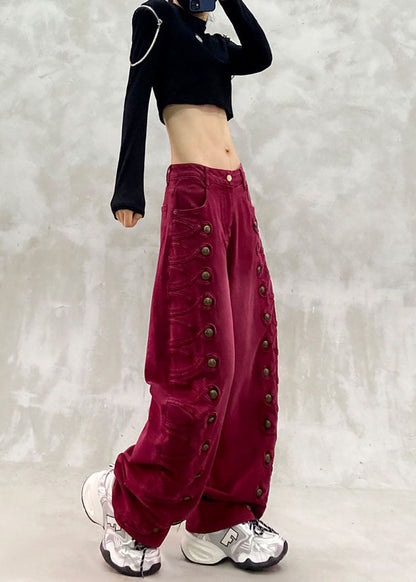 Loose Red High Waist Side Row Buttons Draping Denim Curved Blade Pants Fall