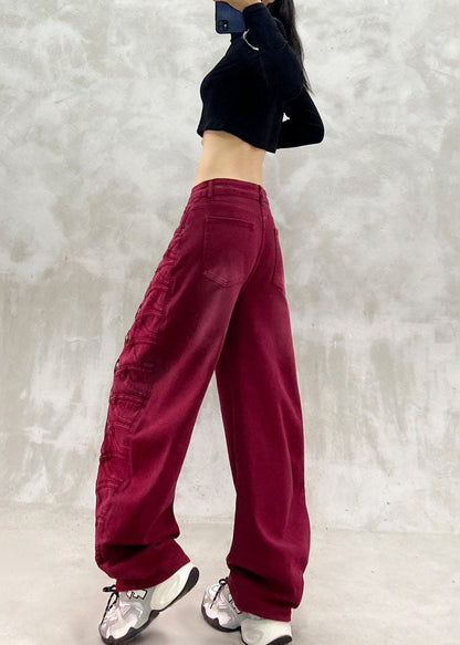Loose Red High Waist Side Row Buttons Draping Denim Curved Blade Pants Fall