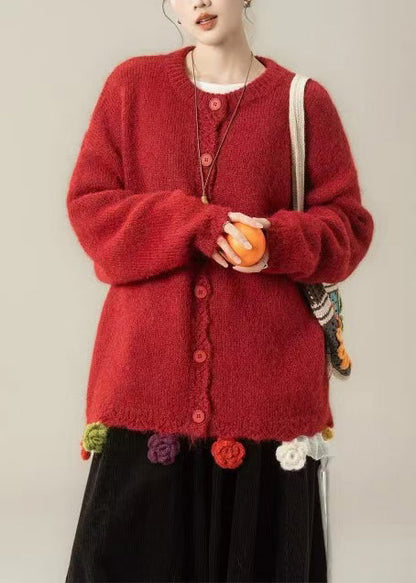 Loose Red O Neck Floral Button Knit Coats Spring