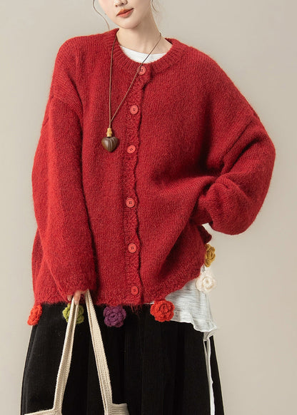 Loose Red O Neck Floral Button Knit Coats Spring