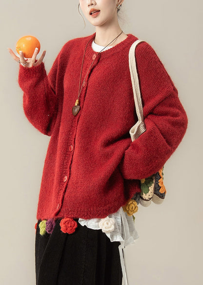 Loose Red O Neck Floral Button Knit Coats Spring