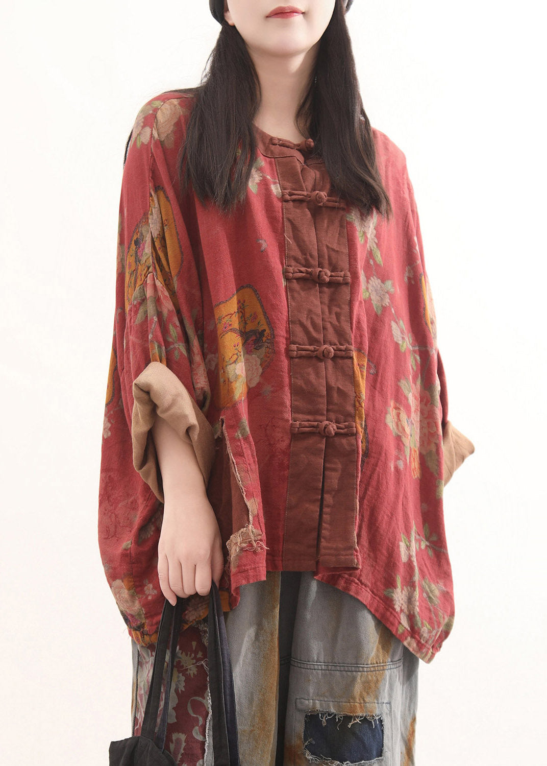 Loose Red O-Neck Print Button Coats Fall