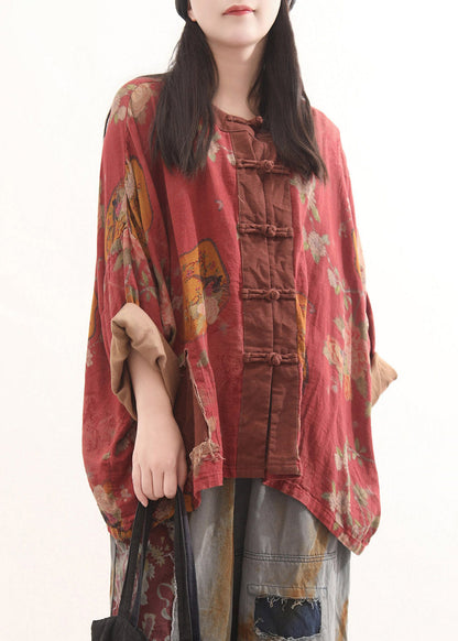 Loose Red O-Neck Print Button Coats Fall