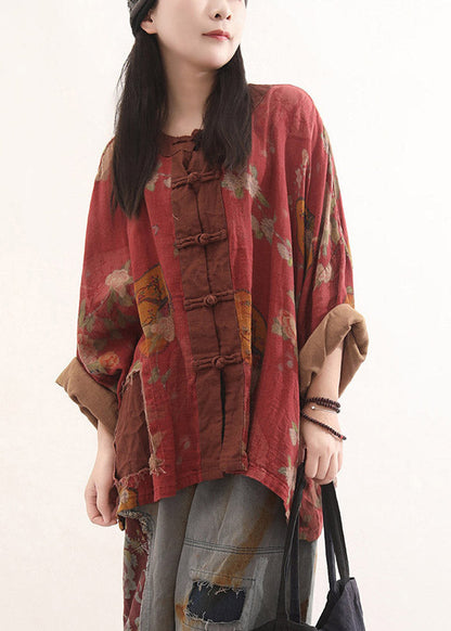 Loose Red O-Neck Print Button Coats Fall