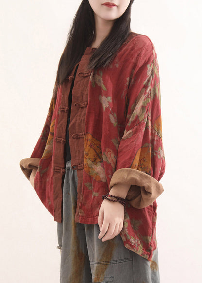 Loose Red O-Neck Print Button Coats Fall