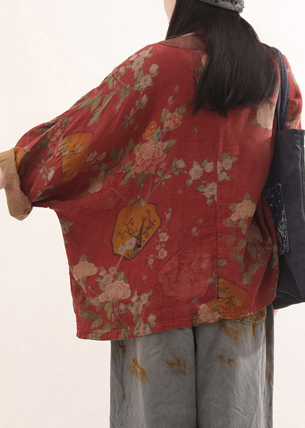 Loose Red O-Neck Print Button Coats Fall