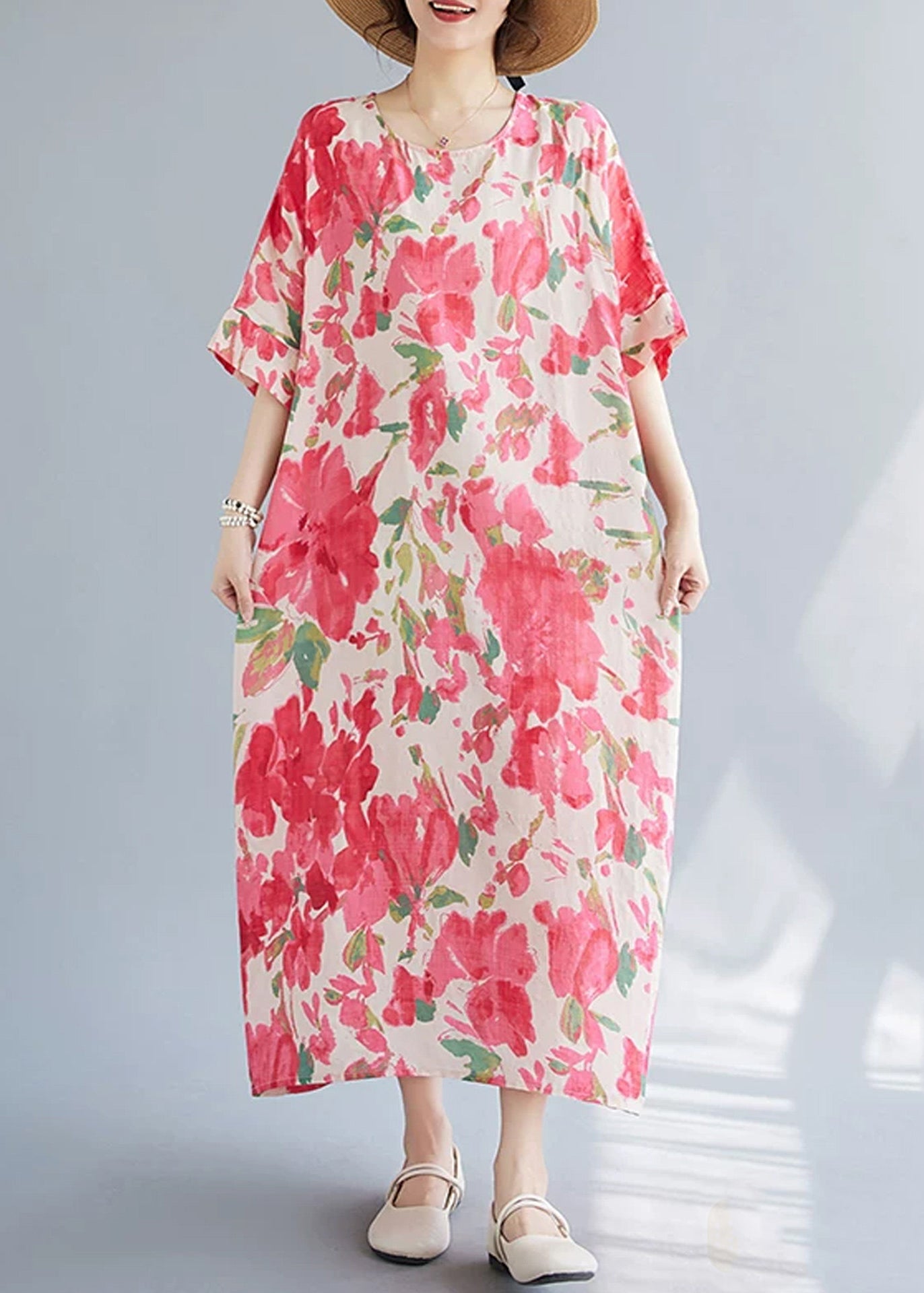 Loose Red O-Neck Print Maxi Dresses Summer