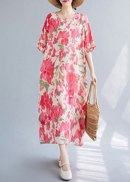 Loose Red O-Neck Print Maxi Dresses Summer
