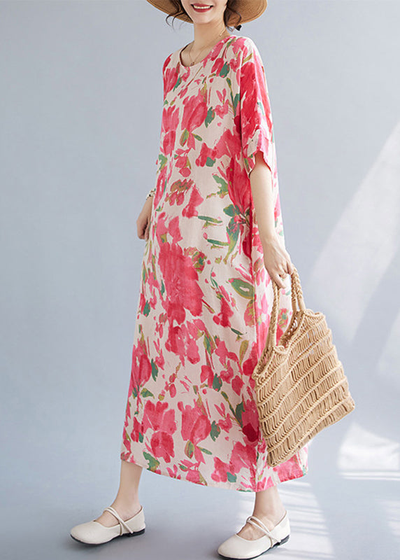 Loose Red O-Neck Print Maxi Dresses Summer