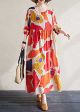 Load image into Gallery viewer, Loose Red O-Neck Print Wrinkled Long Dresses Long Sleeve
