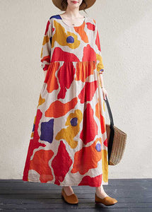 Loose Red O-Neck Print Wrinkled Long Dresses Long Sleeve