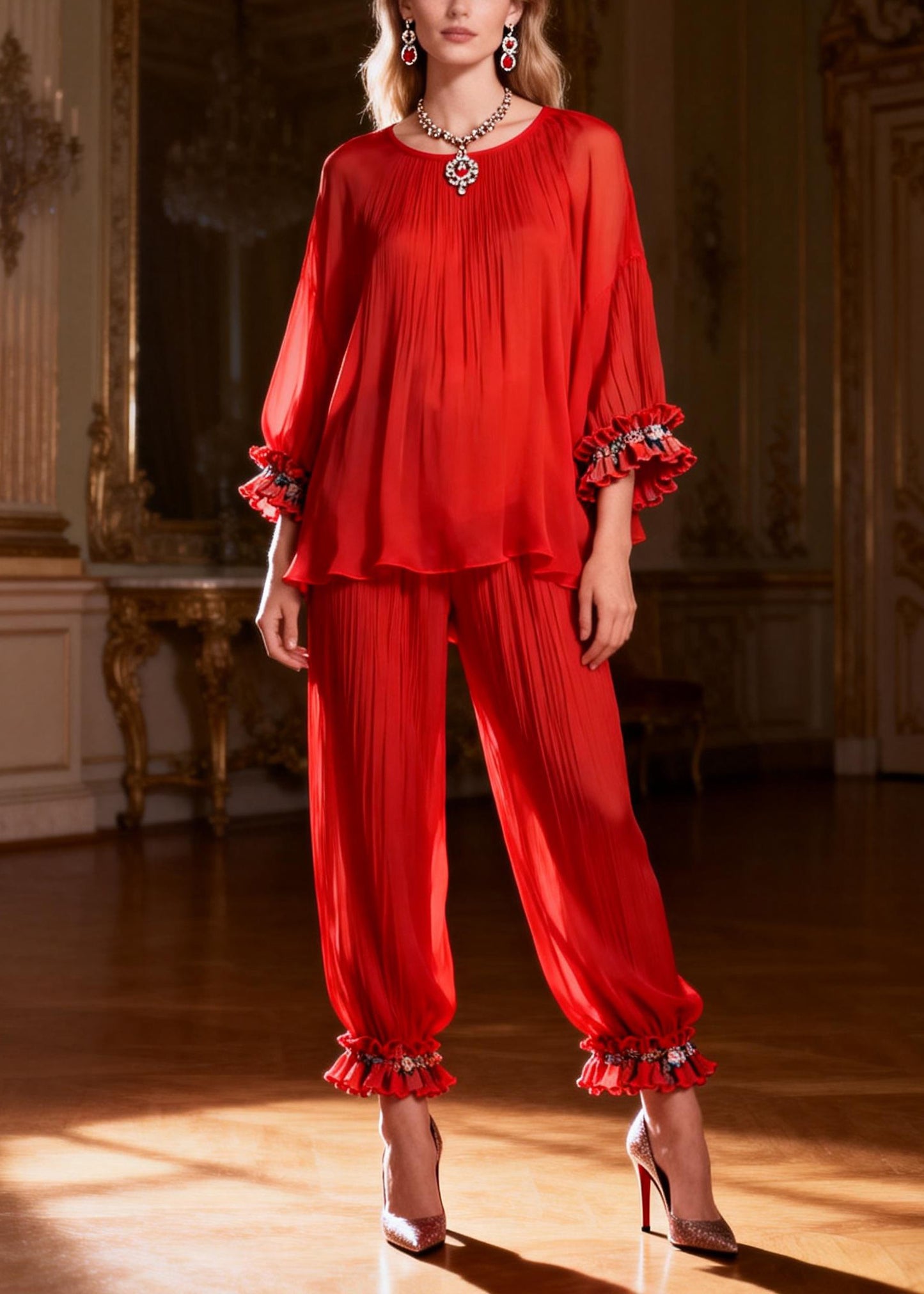 Loose Red O Neck Ruffled Tops And Crop Pants Two Piece Set Bracelet Sleeve