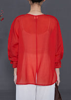 Loose Red Patchwork Lace Up Chiffon Shirt Top Summer