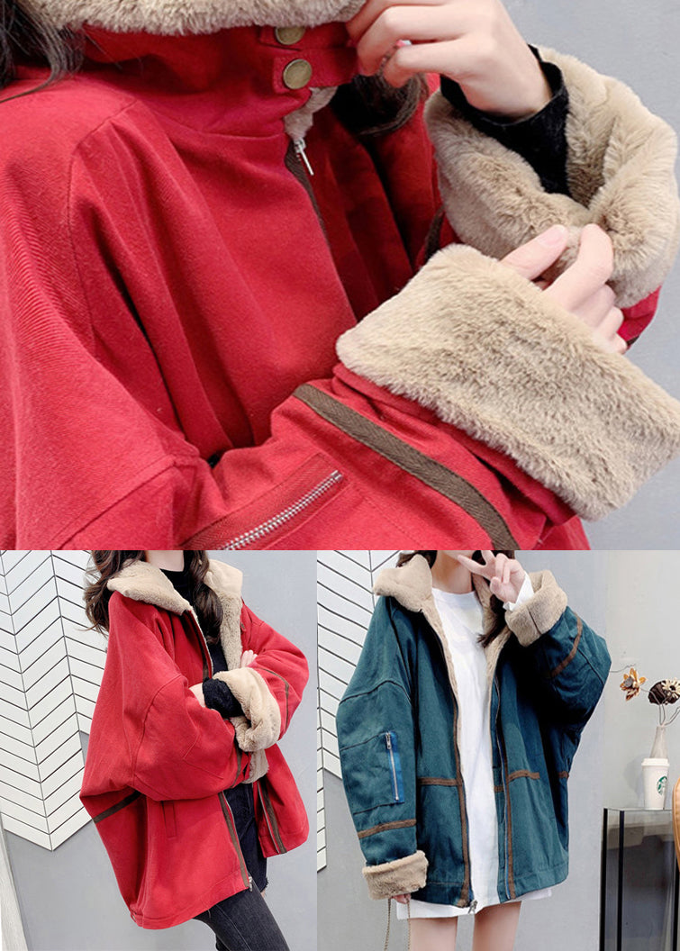 Loose Red Peter Pan Collar Zippered Warm Fleece Parka Winter