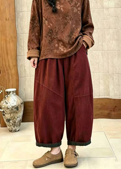 Loose Red Pockets Elastic Waist High Waist Corduroy Crop Pants Fall