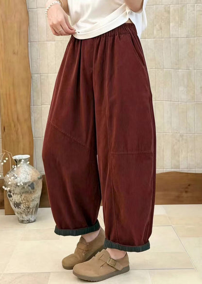 Loose Red Pockets Elastic Waist High Waist Corduroy Crop Pants Fall