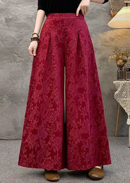 Loose Red Pockets Jacquard Silk Wide Leg Pants Fall