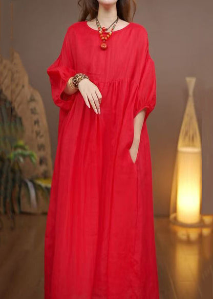 Loose Red Pockets Solid Cotton Long Dress Bracelet Sleeve