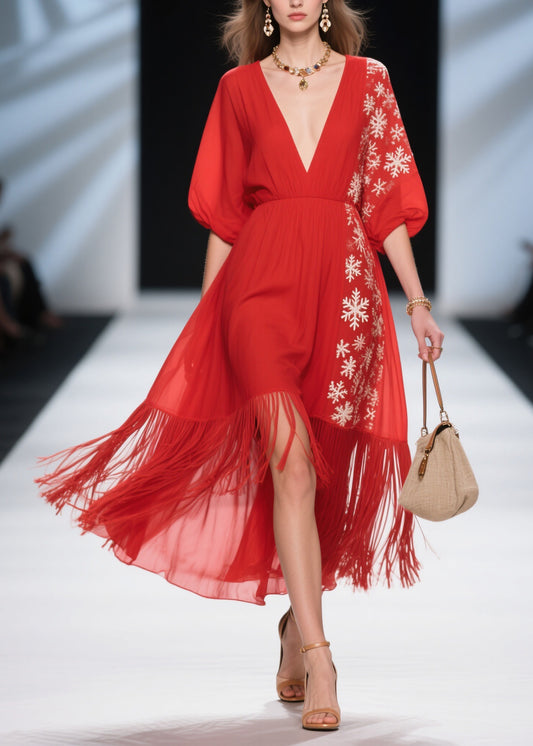 Loose Red Print Tassel Patchwork Cotton Dress Summer